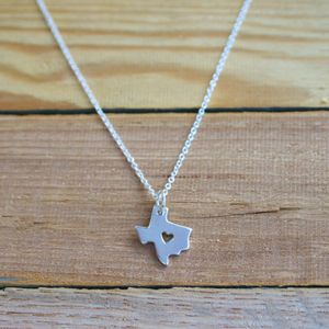 Outline Texas Map Necklace With Heart USA TX State Necklace I Heart Love Texas Necklaces Map Geography Necklace