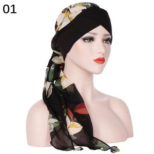 Atacado-jersey liso liso lenço quimio turban pré-amarrado flores impressas xaile suave silk chiffon longa cauda tampa