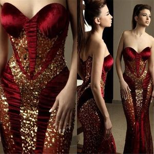 Rami Salamoun Evening Dresses burgundy Sweetheart Gold Sequins Long Dress bones lace-up corset back Mermaid Floor Length Prom Party Dress
