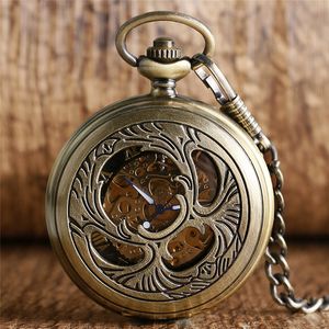 Retro Classical Watches Bronze Hollow Case Hand-wind Mechanical Pocket Watch Skeleton Roman Numbers FOB Pendant Chain Gift