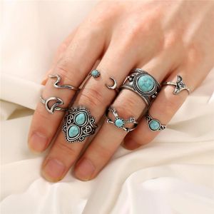 Wholesale vintage wave resale online - 8 SET Fashion Joint Rings for Women Vintage Wave Turquoise Stone Ring Set New