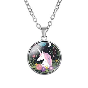 10PC New Fashion Animal Jewelry Round Glass Silver Pendant Unicorn Horse Fancy Necklace Jewelry Style Art Photo Gifts For Girl