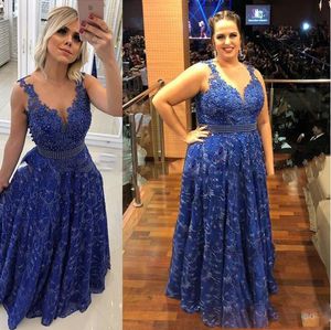 Royal Blue Lace Suknie Wieczorowe Aso Ebi Seksowne V Neck Perły Shsh African Long Prom Party Formalne Suknie