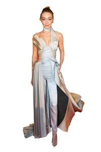 Zuhair Murad Women Jumpsuit With Long Train High Neck Satin Sweep Train Silver Prom Dress Custom Made Evening Gowns Red Carpet Wear