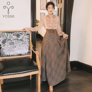 Yosimi 2020秋冬長袖ブラウストップとウールの格子縞のスカートとトップセットスーツの女性の女性の衣装セータースカート