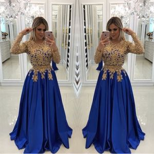 Sexy Royal Blue With Gold Lace Beads Evening Dresses Caftan Formal Gowns Illusion Long Sleeves Sequins Satin Prom Pageant Dress plus size petite