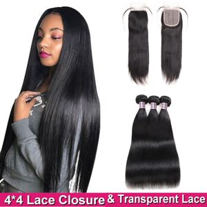 Ishow Loose Deep Transparent Lace Closure with Bundles Body Straight Brazilian Virgin Human Hair for Women All Ages Natural Color 8-28inch Malaysian Peruvian