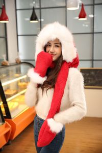 Wholesale-Faux Fur Winter Ladies Woman Furry Hat with Hood Scarf Long Mittens Pocket Spirit Hoods Coral velvet Christmas Gift