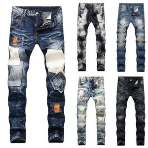 Men's Ripped Biker Jeans Cotton Slim Fit Male Motorcycle Pants Men Vintage Distressed Patchwork Denim Trousers 9 Colors Size 40 Y19072301