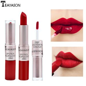 TEAYASON Mantenha 24 Horas Duplo-Head Sexy Red Matte Lipgloss Líquido Batom Matte duradouros impermeáveis ​​Ferramentas Beleza Cosméticos