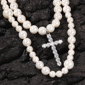 New personalized 2 Layers White Freshwater Pearl CZ Cross Pendant Mens Choker Necklace Miami Hip Hop Rapper Jewelry Gifts for Men & Women