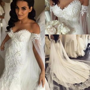2024 New African Mermaid Wedding Dresses Off Shoulder Lace Appliques Pearls Plus Size Open Back Chapel Train Formal Bridal Gowns Vestido 403