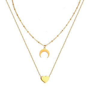 Hot Sale Minimalist Heart Moon Anhänger Halsketten für Frauen Doppelschicht Edelstahlperlen Chin Moon Halskette Mode Schmuck