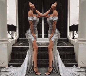 Sexy Silver Gray Sequined Evening Dresses 2019 Mermaid Split Celebrity Holiday Women Wear Formal Party Prom Gowns Custom Made Plus Size