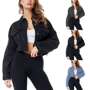 Kobiety Sexy Ripped Crop Jeans Kurtka Czarny Niebieski Z Długim Rękawem Krótka Kurtka Dżinsowa High Street Pojedynczy Kruche Kurtki