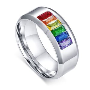 9,25 Ringe großhandel-Liebhaber Chirurgenstahl LGBT Homosexuell Stolz Lesben Regenbogen Bunte CZ Stein Inlay Band Ring Versprechen Hochzeit Verlobungsringe