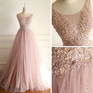 Chique tule a line elegante avondjurken online kant applicaties parels kralen roze prom jurk pure back formele avondjurken