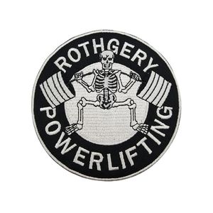 ROTHGERY POWERLIFTING Skull Front Size MC Biker Embroidery Iron On Patches For Men Jacket Clothing Custom Applique