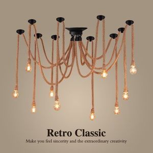 Nordic Vintage Hemp Rope Chandelier Antique Classic Adjustable Diy Spider Lamp Light Ceiling Retro Edison Bulb Pendant Lamp Home