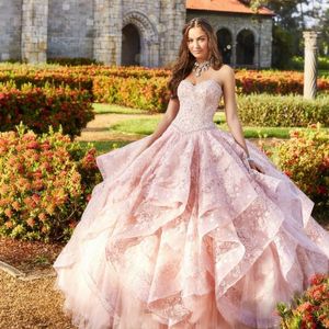 Rosa Perlenkugelkleid Spitze Quinceanera Kleider Schatz Hals Kristalle Prom Kleider Strasssteine Tüll Schnürrückenbüftete süß 16 Kleid 407