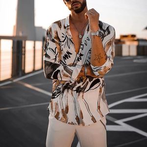 Herrskjorta Casual Långärmad Skriv ut Skjorta Män Lapel Neck Loose Button Up Blus Andningsbara Streetwear Sexiga Skjortor Män