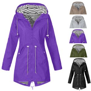 Newest Long Jackets Women Solid Rain Jacket Outdoor Plus Size Femme Waterproof Hooded Windproof Loose Coat Drawstring Casual Top