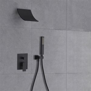 Modern Minimalist Style Wall Mount Waterfall Shower Head & Hand Shower System Matte Black on Sale