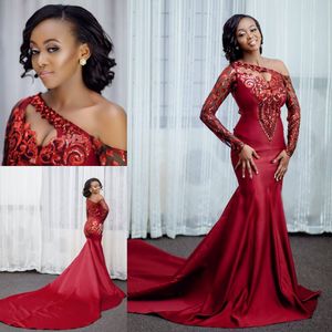 Dark Red Sequined Mermaid Evening Dresses Long Sleeves One Shoulder Plus Size Prom Gowns Appliqued Satin Sweep Train Formal Dress 407