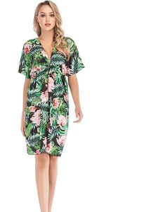 半袖ドレス緩い花のドレスプリントレディースドレスサンドレスカジュアルセクシーな夏シフォンディープネックニーレングスドレス