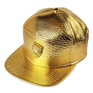 Fashion-New Luxury Mens Hip Hop Golden Rhinestone Lion Head Logo Berretti da baseball PU Leather Casual Cappelli da sole unisex Snapback oro / nero