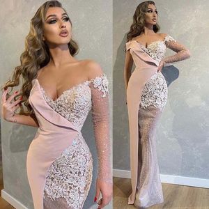 Dubai Arabic Prom Dresses Off The Shoulder Illusion Long Sleeves Appliques Lace Mermaid Evening Dress One Shoulder Party Gowns Vestidos
