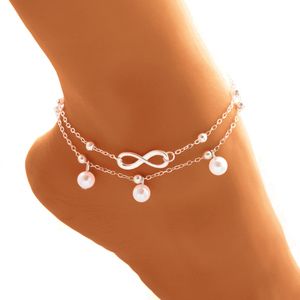 Cute Letter 8 Infinity Love Anklet Bracelet Imitation Pearl Multilayer Chain Ankle Braclet for Women Summer Beach Jewelry