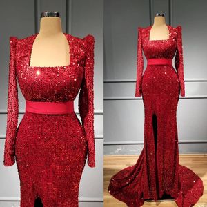 Arabiska aso ebi röd sparkly sjöjungfrun kväll klänningar fyrkantiga nacke långa ärmar sequined prom klänningar formella klänning fest klänningar robes de soirée