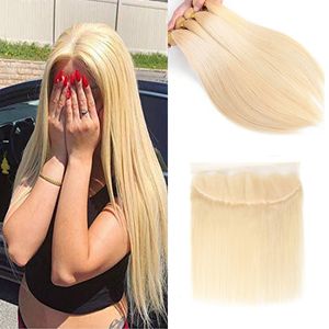 Brazilian Virgin Hair Bundles with Closure 613 Blonde Silky Straight Human Hair 3 Bundles with 13*4 Lace Frontal Closure Ear to Ear