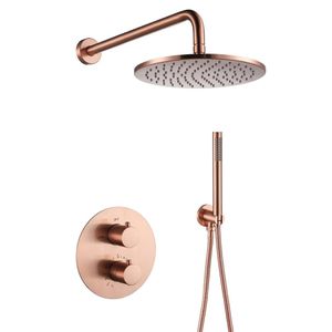 Brass Rose Gold Shower Faucets 10 Rainfall Head Bathroom Shower System Diverter 2 Ways Thermostatic Valve Shower Set202H