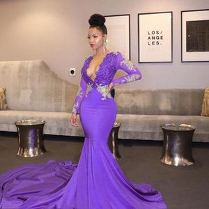 Wholesale gold sequin dress long sleeves resale online - Africa Light Purple Sexy Mermaid Prom Dresses Sexy Deep V neck Beaded Lace Long Sleeves Black Girl Party Dress Evening Wear Robe