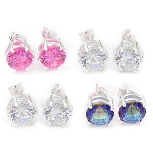 Luckyshien Unique Style 925 Sterling Silver Mały Stadnina Okrągły Naturalny Mystic Topaz Rainbow Moda Biżuteria Kobiety Urok Cyrkon Ear Stud