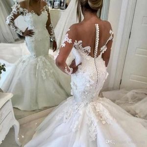 Sexig vit sjöjungfru bröllopsklänningar med 3d blommiga applikationer Sheer Long Sleeves Illusion Backless Bridal Gowns Plus Size Wedding Vestidos