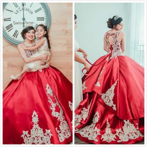Red Lace Beaded Quinceanera Prom Dresses Sheer Neck Satin Ball Gown Vintage Evening Party Sweet 16 Dress ZJ101