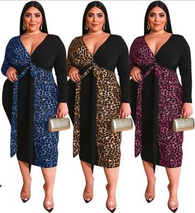 Plus size 4xl 5xl Women Supersize Vestido de uma peça com moda de cinto Manga longa Deep V longa saia