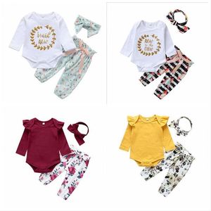 Vestiti del bambino Bambini Ragazze Lettera Stampata Top Pantaloni stampati floreali Fascia Set di abbigliamento Ruffle T Shirt Pantaloni a righe Bowknot Hairband CYP621