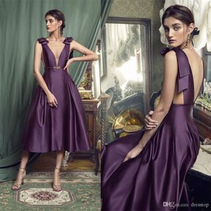 Purple Mother Of The Bride Dresses Sheer V Neck Sleeveless Satin Formal Evening Prom Dress Tea Length Wedding Guest Gowns Cheap