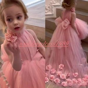 Handade Rose High Low Flower Girls Dresses Bow Pink Tulle Little First Comunion Dress Kids Infant Toddler Party Dress Girls Pageant Wear