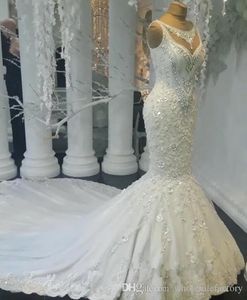Lujo Árabe Dubai Encaje Sirena Vestidos de novia Apliques 3D Apliques florales Con cuentas Cristales Corte Tren Vestido de novia Vestidos de novia Vestidos