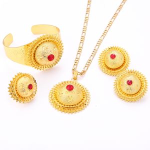 Gold Color Ethiopian Necklace Pendant Earring Ring Bangle Sets With Bule Green Red Stone Africa Eritrea Habesha Wedding