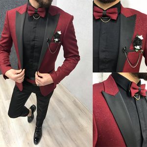 Smoking da sposo da sposo bordeaux con paillettes Smoking da ballo da uomo nuovi abiti slim fit nero con risvolto con visiera 2 pezzi giacche firmate