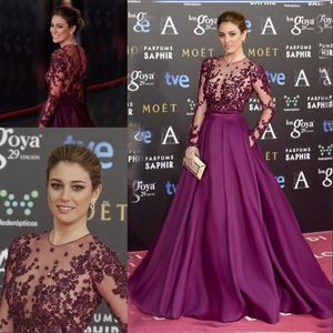 Women Purple Long Sleeve Prom Dresses Formal Party Gowns Sheer Jewel Neck illusion Satin A line 3D Flowers Pearls Celebrity With Pocket