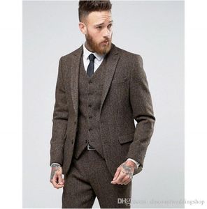 Nuovo stile marrone acciaio spesso tessuto tweed uomo lavoro completo da lavoro sposo smoking da sposa abiti da ballo da uomo (giacca + pantaloni + gilet + cravatta) J718