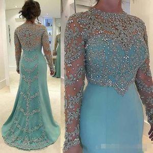 Appliced ​​Blue pärlor Mor S of Bride Dresses Long Sleeves Illusion Jewel Neck Mermaid Sweep Train Custom Made afton Dree Dree Sleeve Illuion Cutom