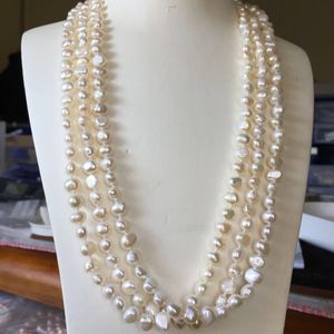 Gioielli di moda con collana di perle d'acqua dolce bianche barocche lunghe 180 cm 7-8 mm annodate a mano